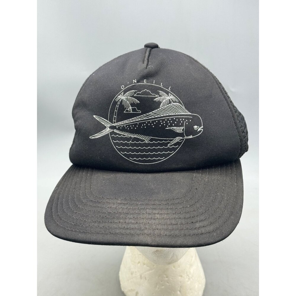 O'Neill Black Snap Back Mesh Trucker Cap with Fish & Palm Print Used READ